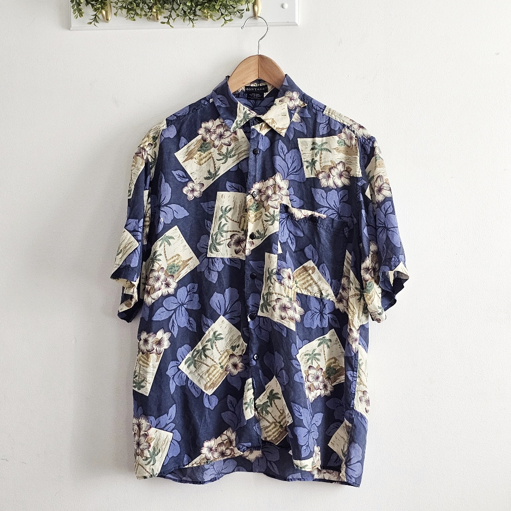 Vintage Montage Silk Hawaiian Shirt Mens M Blue Tropical Floral Aloha Camp